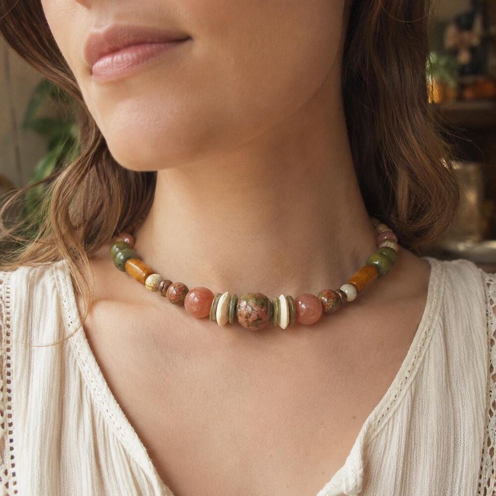 Green Unakite & Pink Sunstone Choker with Wood, Ceramic Beads